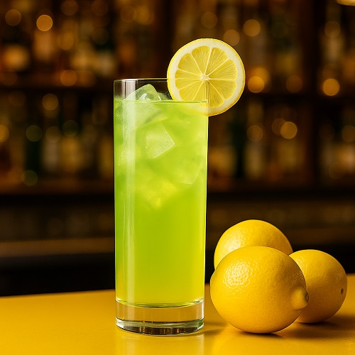 Neon green Midori Sour cocktail in a collins glass with lime garnish